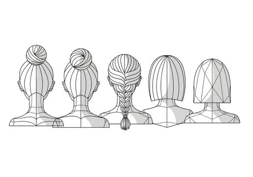 Minimalist Women Hairstyles Line Art Vector Illustration, Set of Back Views Including Bun, Braid, and Bob Haircuts for Salon Branding and Beauty Design