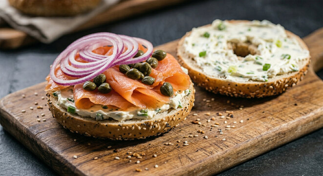 A rustic wood cutting board holds an open-faced everything bagel generously spread with scallion cream cheese. It is topped with delicate, folded layers of smoked salmon (lox), thin red onion rings,