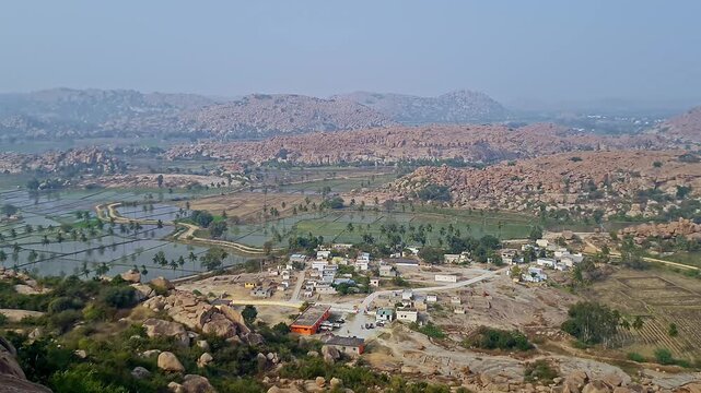 Aerial view of sacred Anjanadri hill landscape in hampi karnataka surrounded by scenic nature