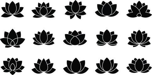 Obraz premium Collection of black lotus flower with white outlines on white background symbol