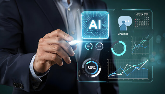 Business Professional Uses Interactive Display to Analyze AI Data and Chatbot Performance Metrics in January 2026