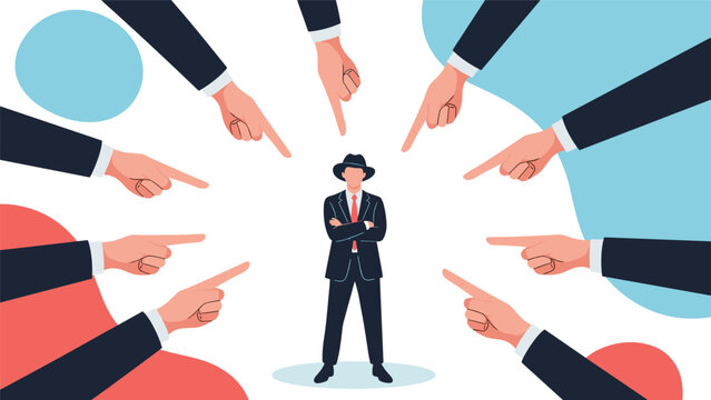 Group of business hands pointing fingers at a single man in a suit and hat representing blame, accusation, or social pressure.
