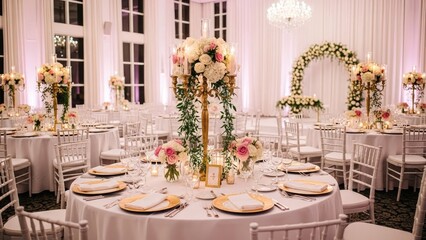 Fototapeta premium A beautifully set table in an elegant banquet hall with white flowers and gold decorations