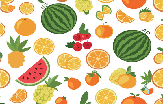Seamless Tropical Fruit Pattern Vector with Watermelon Orange Pineapple Lemon Strawberry Summer Food Background Colorful Flat Illustration Design