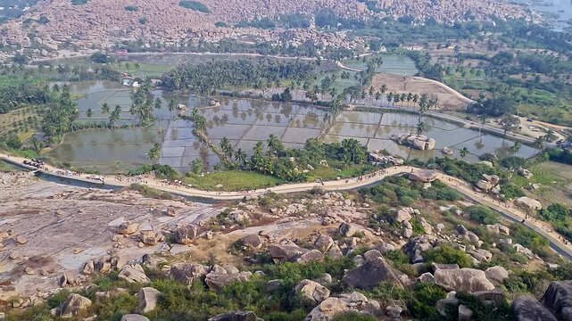 Aerial view of sacred Anjanadri hill landscape in hampi karnataka surrounded by scenic nature