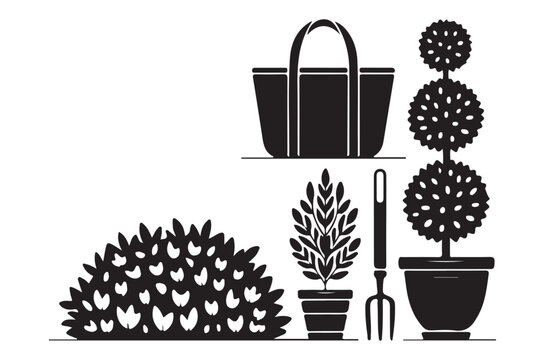 Black and white illustration of gardening tools and decorative plants