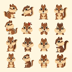 Obraz premium Vector collection of sixteen cute chipmunk cartoon characters in various poses and expressions, including standing, sitting, and headshots, isolated on a light cream background.