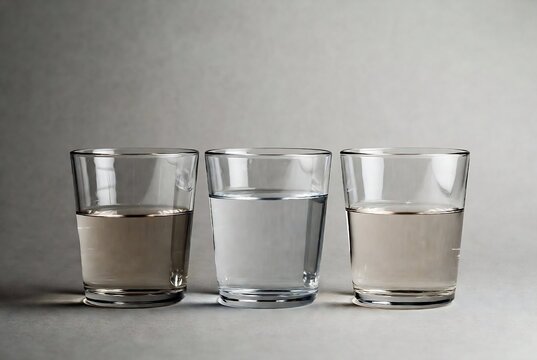 Three glasses of water with varying levels of sediment are arranged on a gray background.