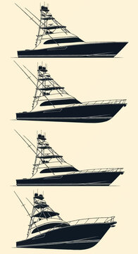 Detailed black vector silhouettes of four luxury sportfishing yachts featuring elevated tuna towers, outriggers, and sleek hulls, isolated on a light neutral background.