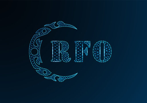 Low poly letter logo RFO design. RFO letter logo low poly vector design on blue color gradient background. RFO logo low poly design