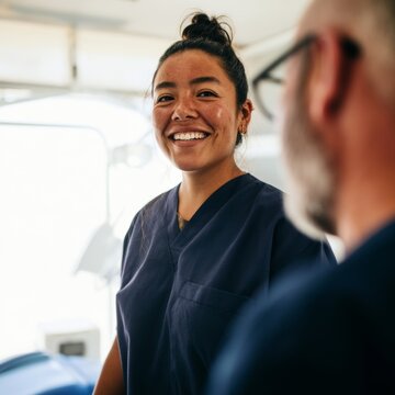 Smiling Female Nurse in Medical Setting, Conversation with Male Colleague
