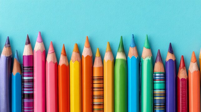 Back to school concept with colorful pencils and crayons arranged on bright blue background, creative education supplies flat lay with copy space for learning and classroom theme