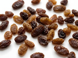 Fototapeta premium A close-up view of raisins scattered on a white surface.