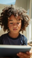 Fototapeta premium Young Boy Using Tablet, Staring Directly at Camera with Curly Hair and Afro Style.