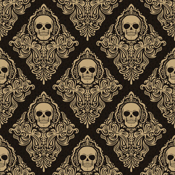 Gothic Baroque Style Vintage Skull Damask Seamless Pattern