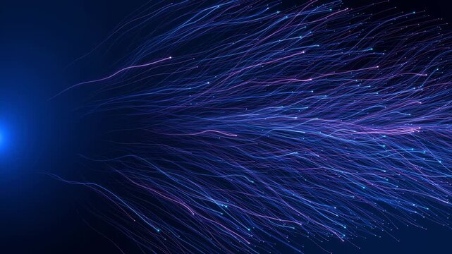 Abstract Fiber Optic Data Flow Stream Background, Glowing strands of light representing high speed data transmission digital connectivity. networking, internet infrastructure, or futuristic technology