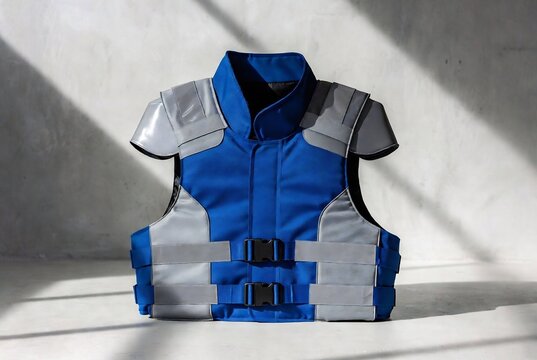 A blue and grey tactical vest is displayed on a concrete surface with strong light casting shadows.