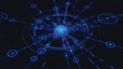 Fototapeta premium Futuristic blue digital circular interface with glowing data nodes and concentric rings representing advanced artificial intelligence and global network connectivity in deep space.