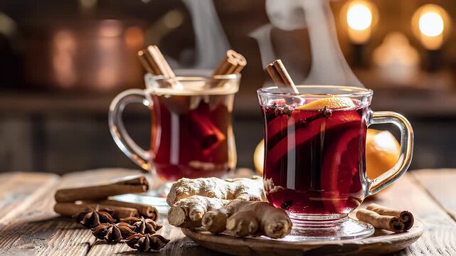 Two steaming mugs of mulled wine, garnished with orange slices, cinnamon sticks, star anise, and ginger, sit on a rustic wooden surface, evoking a cozy and festive atmosphere.