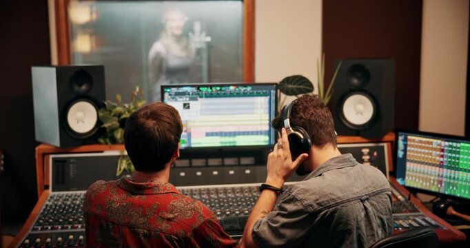 Production, discussion and producers with headphones for music in studio working on album or song. DJ, equipment and male sound technicians with computer for mixing audio track in recording booth.