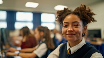 Fototapeta premium Young Woman With Afro Hairstyle, Posing in a Classroom