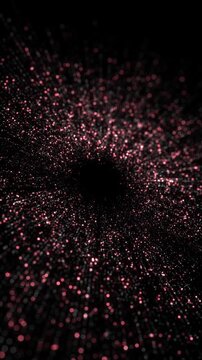 Abstract Dark Tunnel Particle Dust Deep Center cinematic perspective void surrounded by a swirling vortex of tiny white glowing particles. space travel, black holes, abstract background transitions.