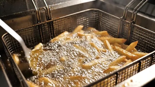 Crispy Golden French Fries Being Cooked and Lifted Out of a Deep Fryer for Restaurant Food