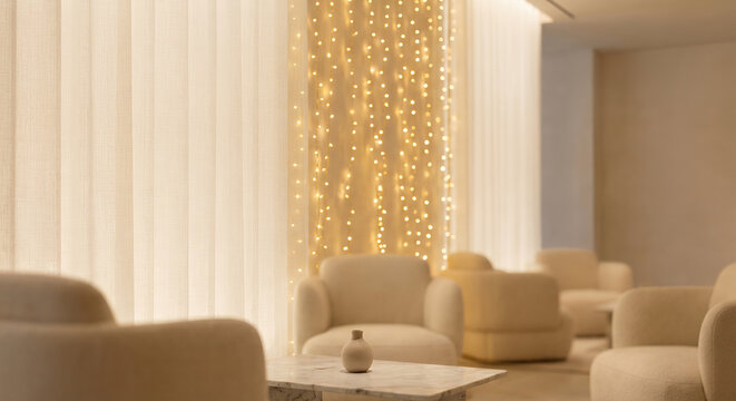 A cozy and inviting lounge area with plush armchairs and soft, warm lighting from string lights behind sheer curtains, creating a serene atmosphere.