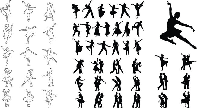 Vector Set of Dance Silhouettes in Various Styles Including Ballet, Contemporary, and Partner Dance for Artistic and Performance Illustrations