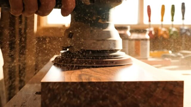Close up shot of craftsman using a power sander to smooth a wooden board in a workshop setting