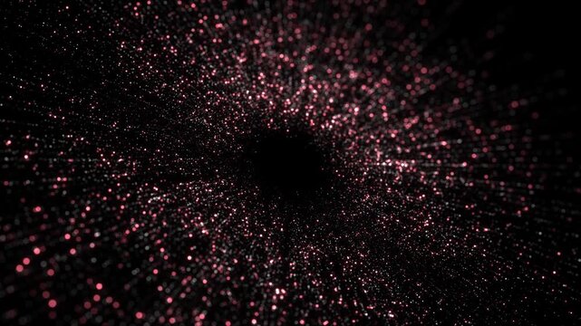 Abstract Particle Vortex Tunnel in Deep Space particle floating dots motion in deep dark space. data flow, quantum field, energy field, cosmic tunnel, technology background science digital visuals.