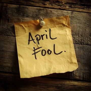 Sticky note with april fool message on wooden background