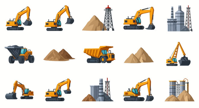 Collection of vector illustrations featuring heavy mining and construction machinery, yellow excavators, industrial dump trucks, dirt piles, drilling rigs, and factory structures.