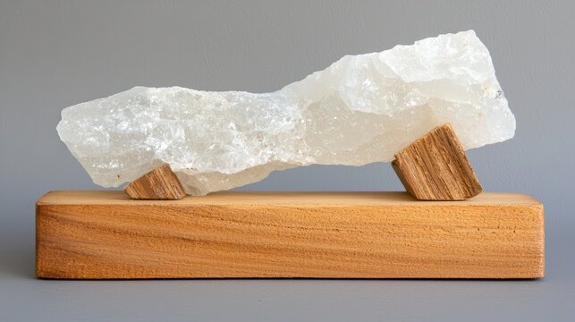A large, white, irregularly shaped crystal rests on a wooden base.