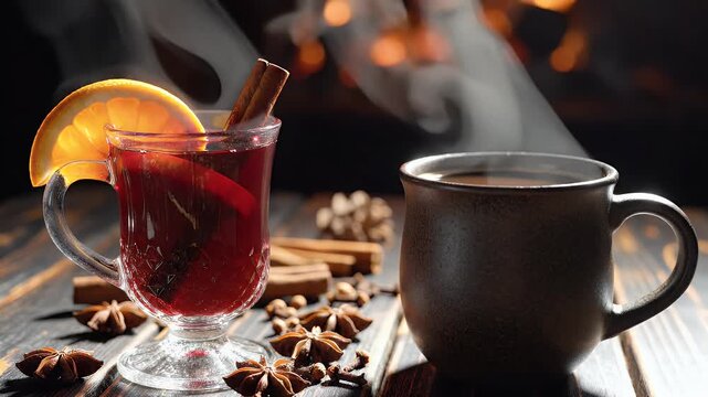 A cozy still life showcases a glass of vibrant red mulled wine garnished with orange and cinnamon sticks alongside a steaming mug, surrounded by aromatic spices on a rustic wooden surface.