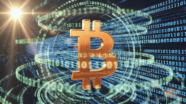 A vibrant digital rendering showcases the Bitcoin symbol emerging from a swirling vortex of binary code, symbolizing the intersection of cryptocurrency and technology.
