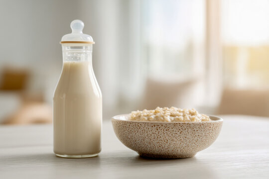 Glass baby bottle with milk and a bowl of healthy oatmeal porridge on a table in a bright sunny room