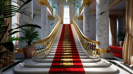 Naklejka premium Elegant Grand Staircase with Red Carpet in Magnificent Marble Atrium Surrounded by Lush Greenery and Opulent Decor