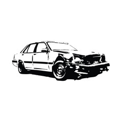 Fototapeta premium Vintage retro illustration of wrecked car damaged vehicle black and white grunge style vector art