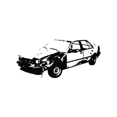 Naklejka premium Vintage retro illustration of wrecked car damaged vehicle black and white grunge style vector art
