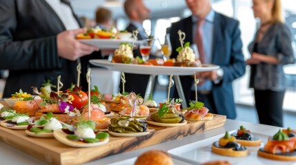 Elegant Catering Display of Appetizers and Gourmet Dishes at a Business Event with Professionals Interacting
