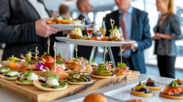 Elegant Catering Display of Appetizers and Gourmet Dishes at a Business Event with Professionals Interacting
