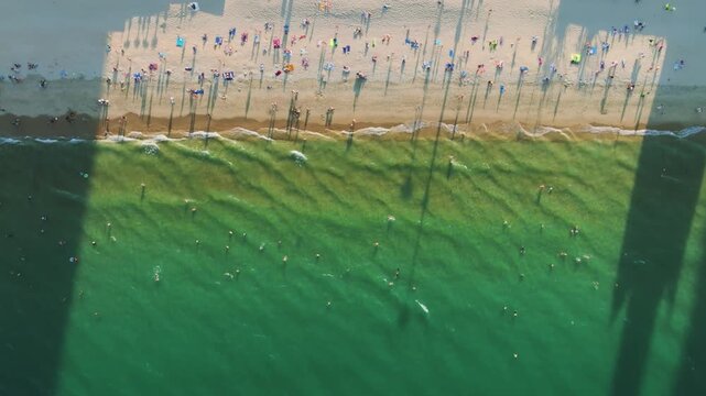 Top Down Crowd of tourists on tropical beach during summer sunset aerial drone shot in Nha Trang beach, Vietnam
the activity of tourists bathing in clear blue water. a vibrant scene of white beach umb