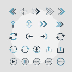 Fototapeta premium A collection of various arrow icons and navigation symbols, including play, pause, next, and previous buttons, presented on a textured background.