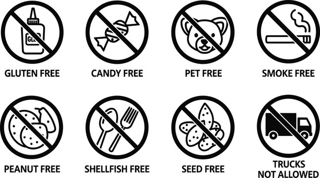 No gluten, candy, pets, smoke, peanuts, shellfish, seeds, trucks signs A set of icons indicating prohibited items, including gluten, candy, pets, smoke, peanuts, shellfish, seeds, and trucks, often us
