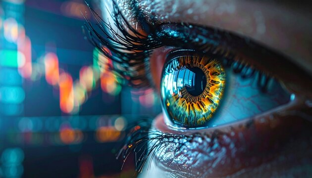 A close-up view of a human eye with colorful data charts reflected in the iris