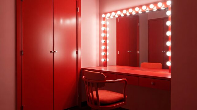 Dramatic dressing room, red interior, vanity with lights, makeup station, backstage area