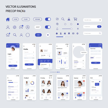Collection of UI elements and mobile app screens for user profiles, dashboards, and login/signup processes, featuring a consistent blue and white color scheme.