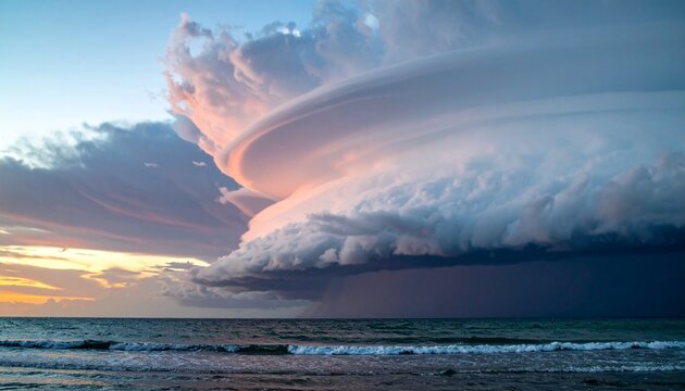 A massive storm cloud approaches the ocean at sunset on a beach