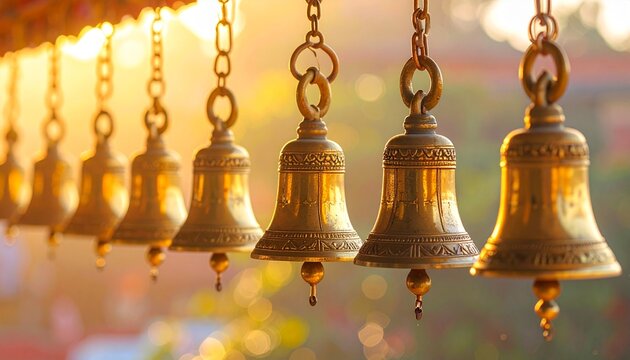 Golden bells hanging from chains in a serene outdoor setting at sunrise
